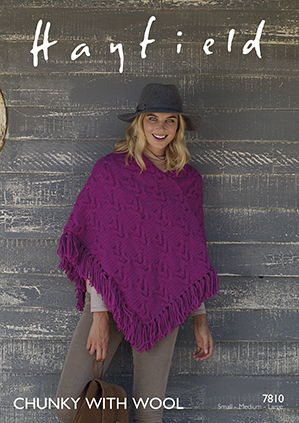 Hayfield 7810 Poncho knit out of chunky (#5) weight yarn. Small to Large sizes.